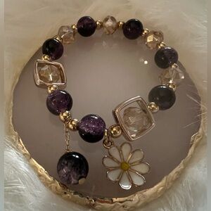 Purple Glass Beaded Bracelet w/ Gold Accents and Purple Daisy Charm